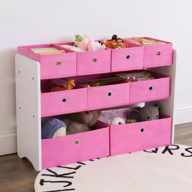 Organizzatore portagiochi per bambini con 9 contenitori pieghevoli in tessuto – Bianco e Rosa