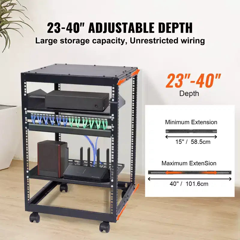 Armadio rack server open frame 15U – Profondità regolabile 23"–40", capacità 500 libbre