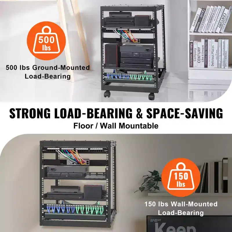 Armadio rack server open frame 15U – Profondità regolabile 23"–40", capacità 500 libbre