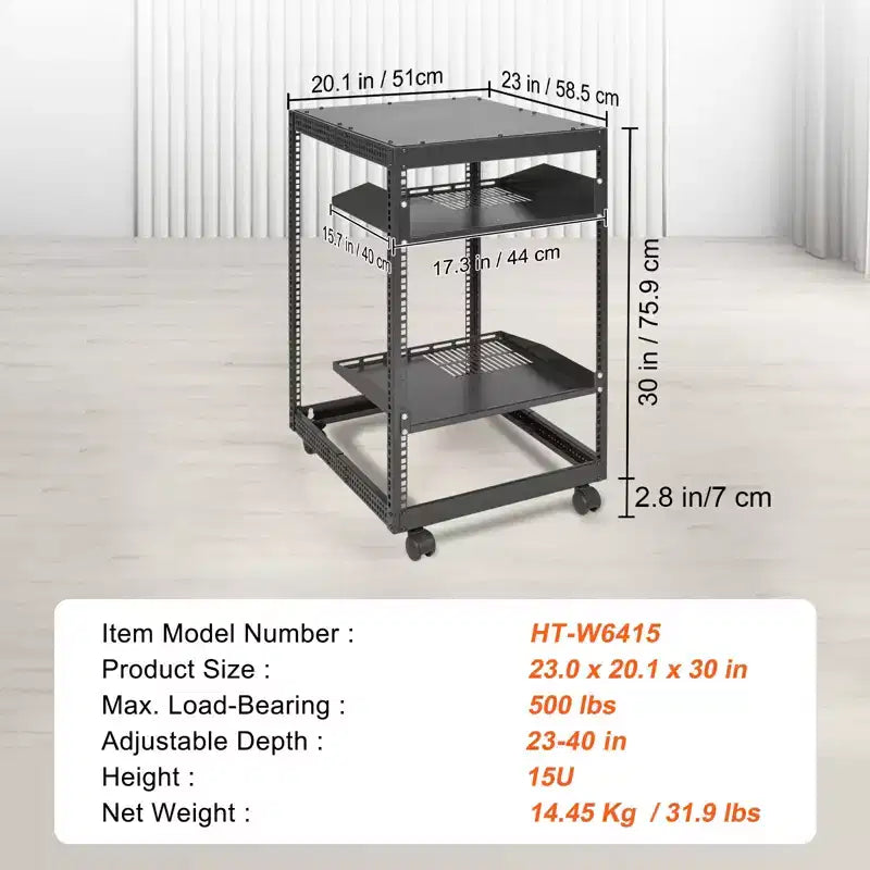 Armadio rack server open frame 15U – Profondità regolabile 23"–40", capacità 500 libbre