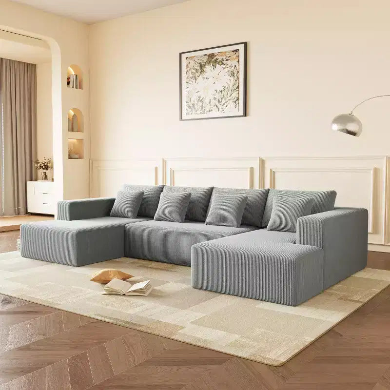 Divano sezionale a U in velluto a coste con 8 cuscini decorativi – Grigio scuro
