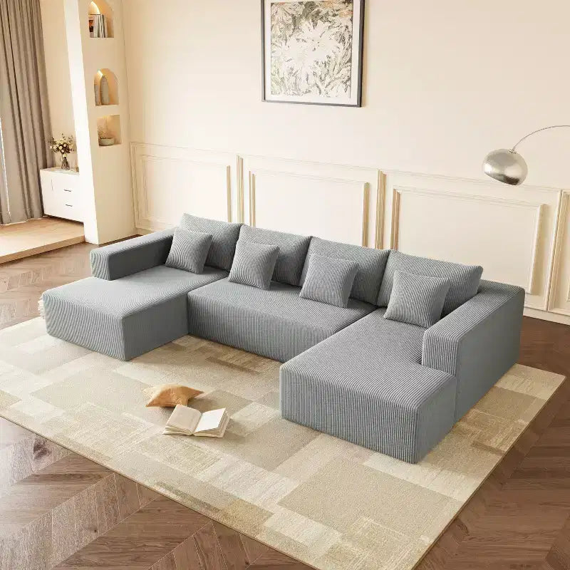 Divano sezionale a U in velluto a coste con 8 cuscini decorativi – Grigio scuro