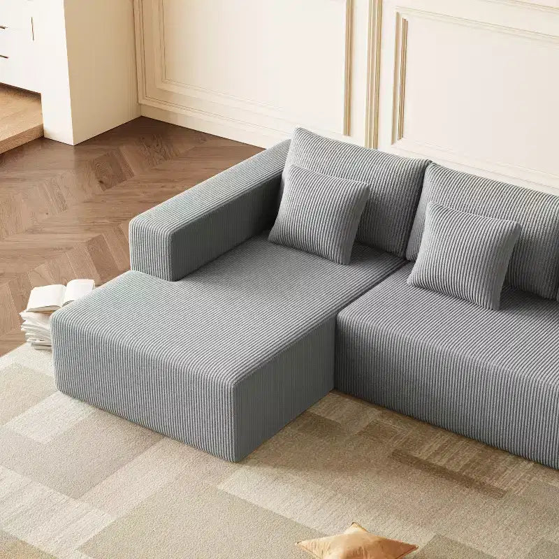Divano sezionale a U in velluto a coste con 8 cuscini decorativi – Grigio scuro