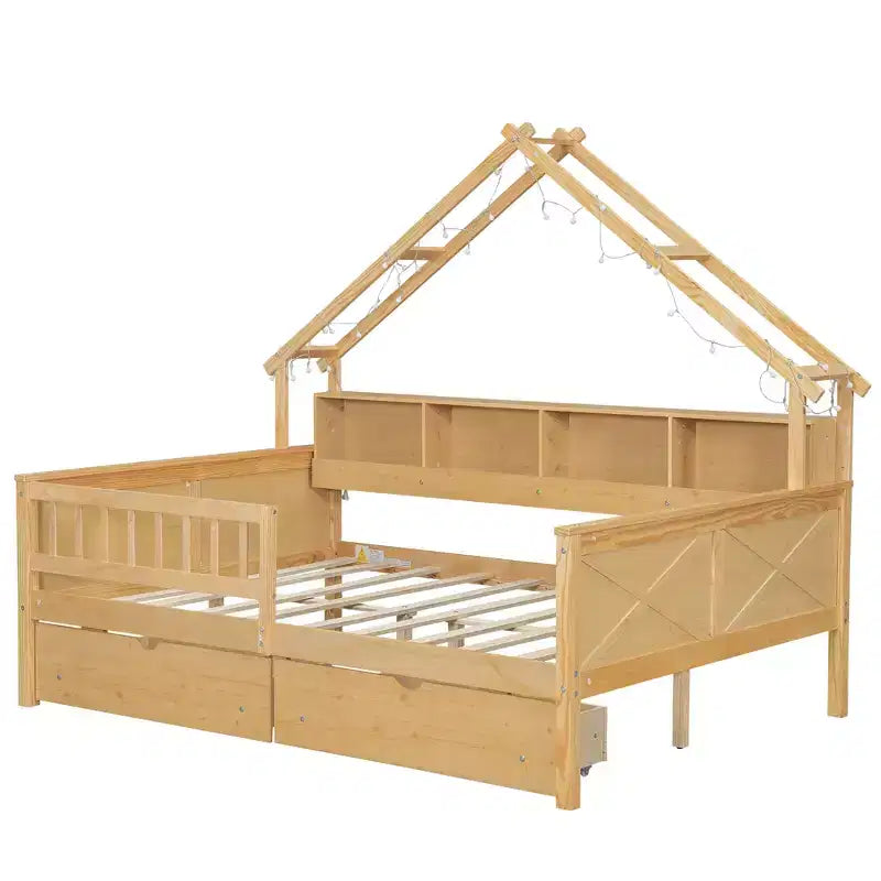 Letto a piattaforma a forma di casa a grandezza naturale con luci LED e vano portaoggetti