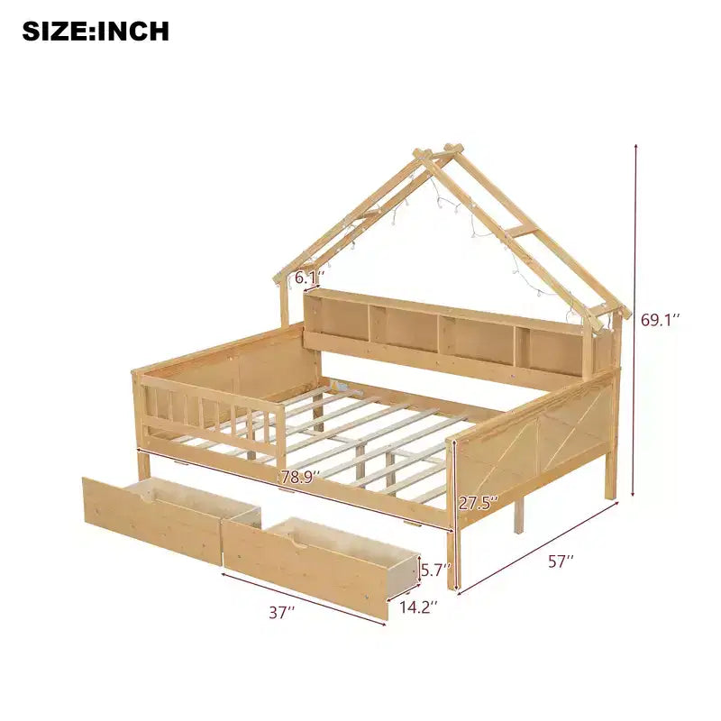 Letto a piattaforma a forma di casa a grandezza naturale con luci LED e vano portaoggetti