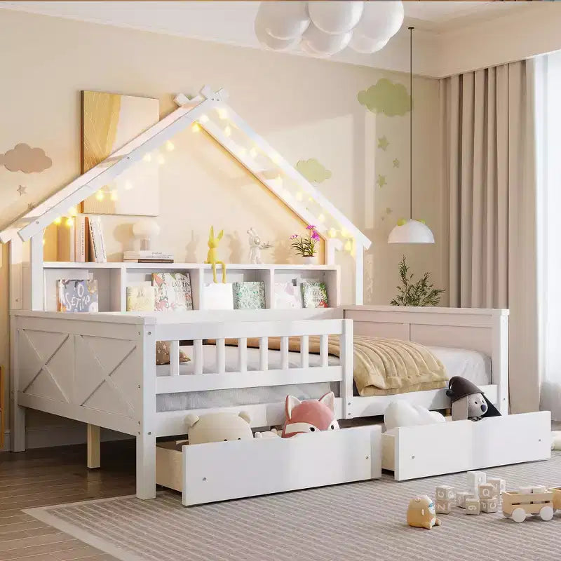 Letto a piattaforma a forma di casa a grandezza naturale con luci LED e vano portaoggetti