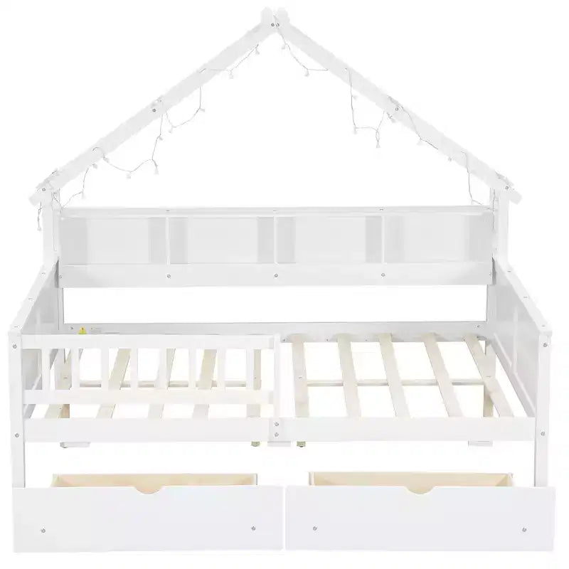 Letto a piattaforma a forma di casa a grandezza naturale con luci LED e vano portaoggetti