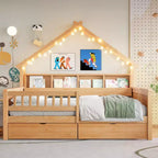 Letto a piattaforma a forma di casa a grandezza naturale con luci LED e vano portaoggetti
