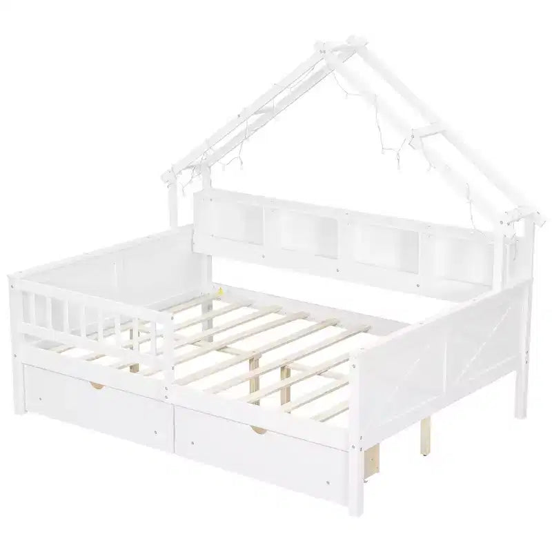 Letto a piattaforma a forma di casa a grandezza naturale con luci LED e vano portaoggetti