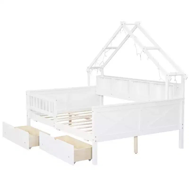 Letto a piattaforma a forma di casa a grandezza naturale con luci LED e vano portaoggetti