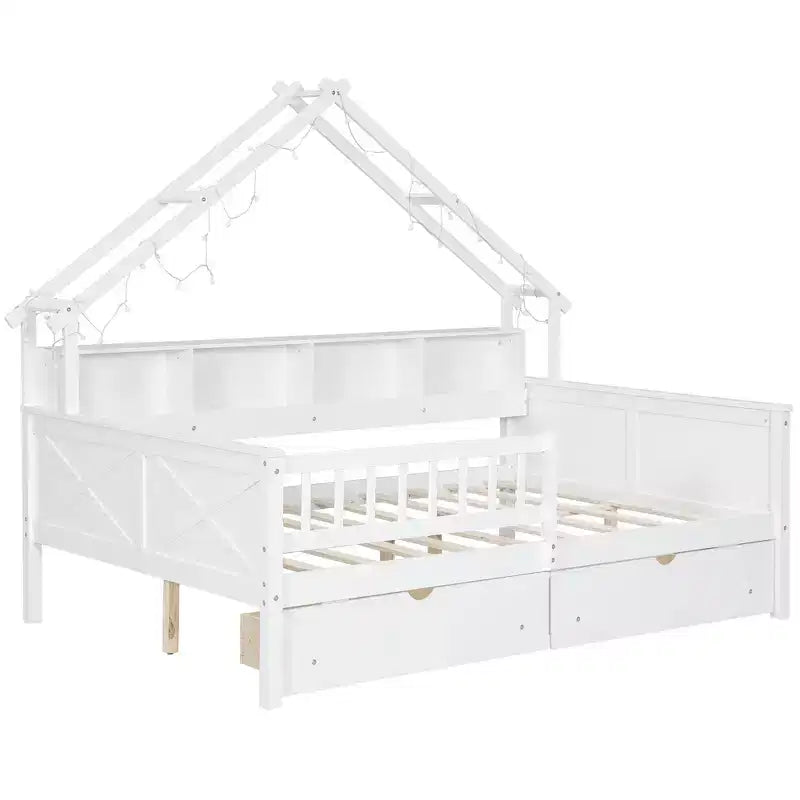 Letto a piattaforma a forma di casa a grandezza naturale con luci LED e vano portaoggetti