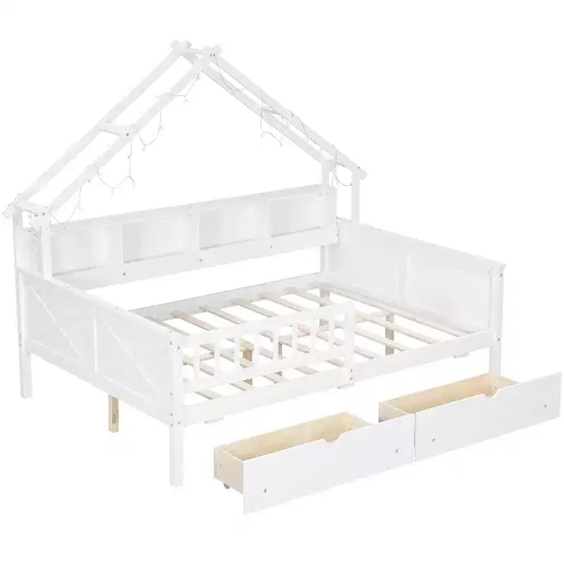 Letto a piattaforma a forma di casa a grandezza naturale con luci LED e vano portaoggetti