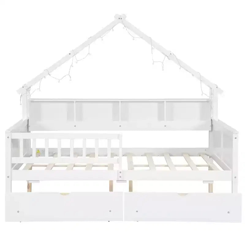 Letto a piattaforma a forma di casa a grandezza naturale con luci LED e vano portaoggetti
