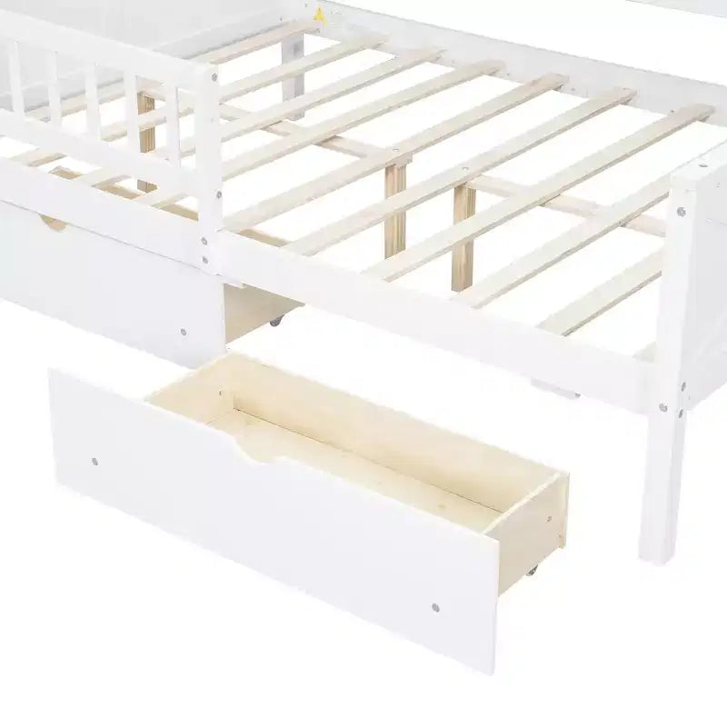 Letto a piattaforma a forma di casa a grandezza naturale con luci LED e vano portaoggetti