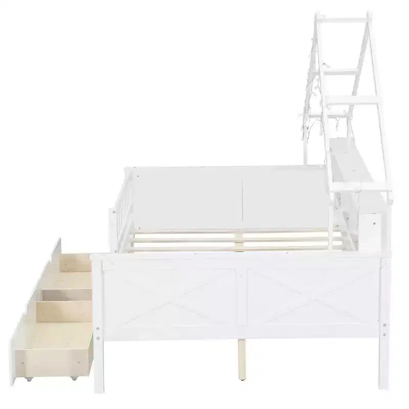 Letto a piattaforma a forma di casa a grandezza naturale con luci LED e vano portaoggetti