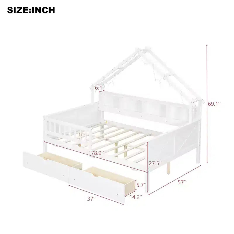 Letto a piattaforma a forma di casa a grandezza naturale con luci LED e vano portaoggetti