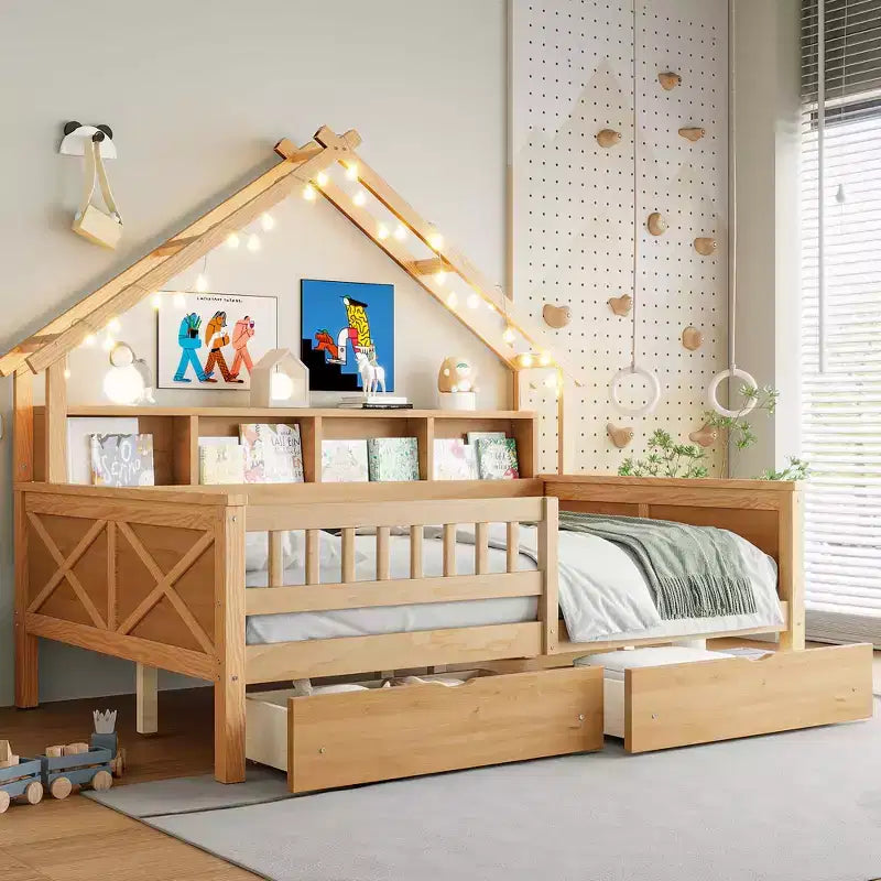 Letto a piattaforma a forma di casa a grandezza naturale con luci LED e vano portaoggetti