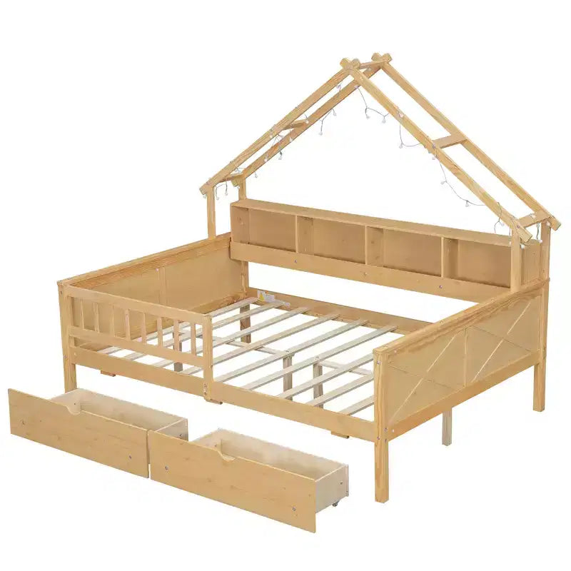 Letto a piattaforma a forma di casa a grandezza naturale con luci LED e vano portaoggetti