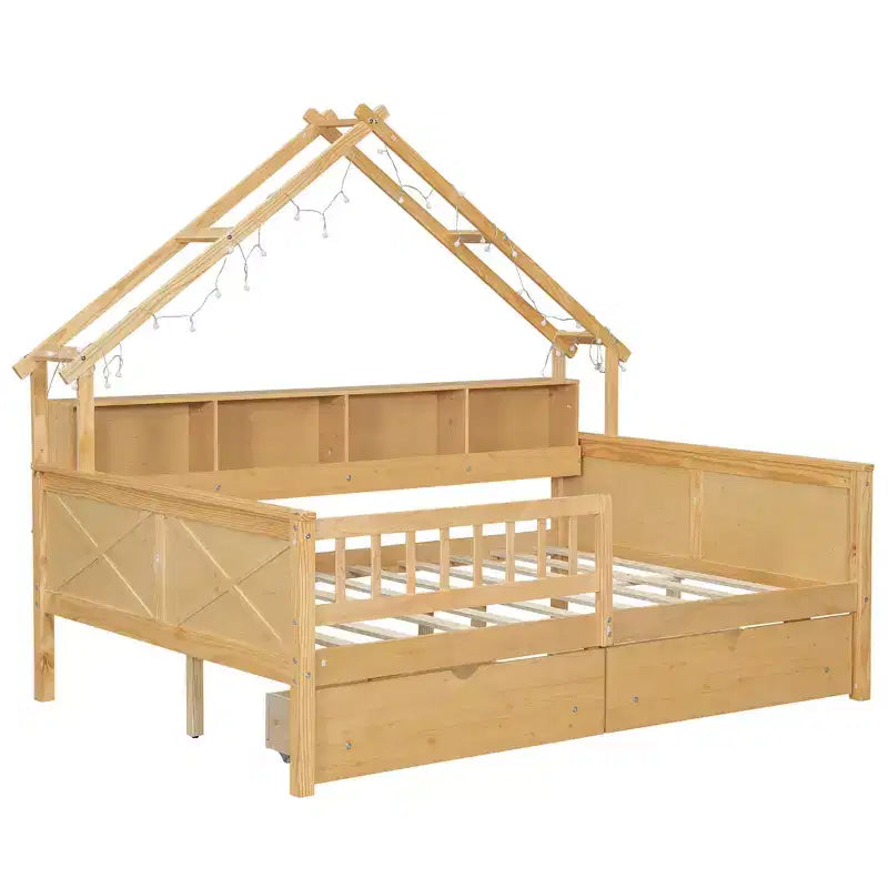 Letto a piattaforma a forma di casa a grandezza naturale con luci LED e vano portaoggetti