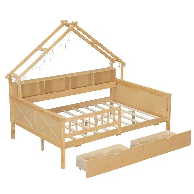 Letto a piattaforma a forma di casa a grandezza naturale con luci LED e vano portaoggetti