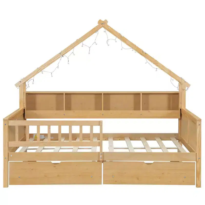 Letto a piattaforma a forma di casa a grandezza naturale con luci LED e vano portaoggetti