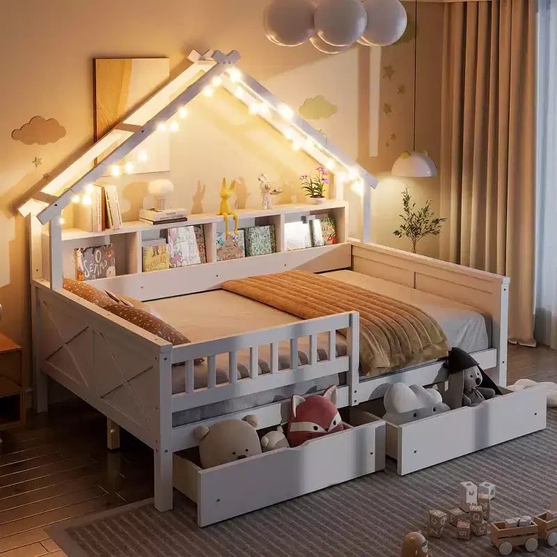 Letto a piattaforma a forma di casa a grandezza naturale con luci LED e vano portaoggetti