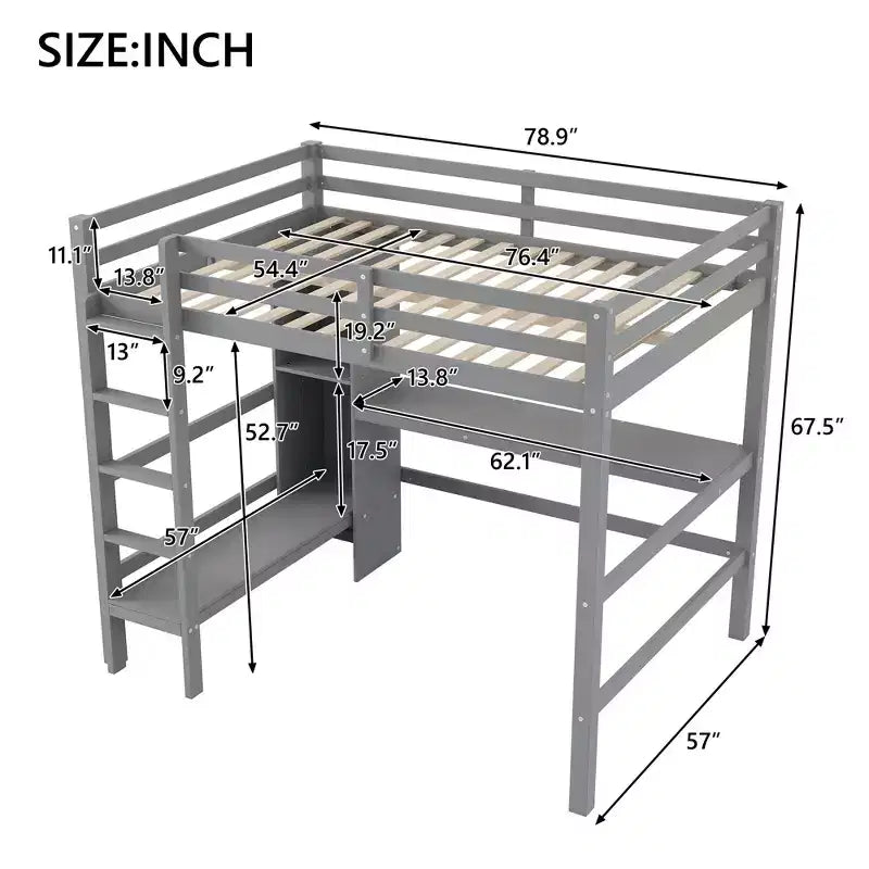 Letto a soppalco full size con scrivania e scaffali integrati
