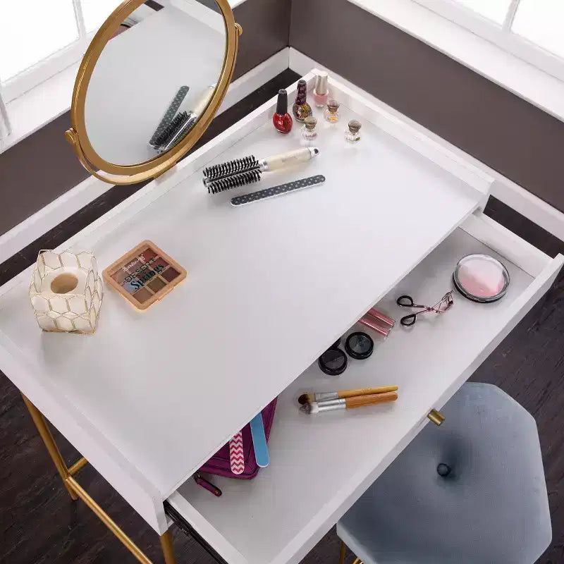 Toeletta con Specchio e Cassetto – Oro e Bianco