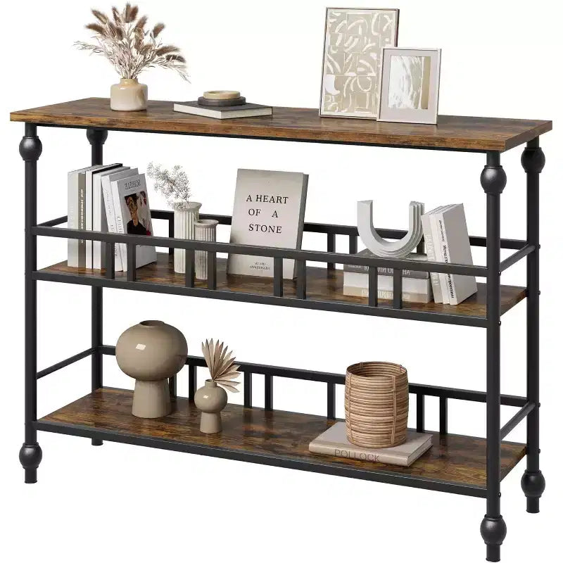 43'' Console Table with Storage, Farmhouse Rustic Skinny Entryway Table, Modern Wood Metal Hallway Sofa Table with Shelf, Narrow Couch Entry Table