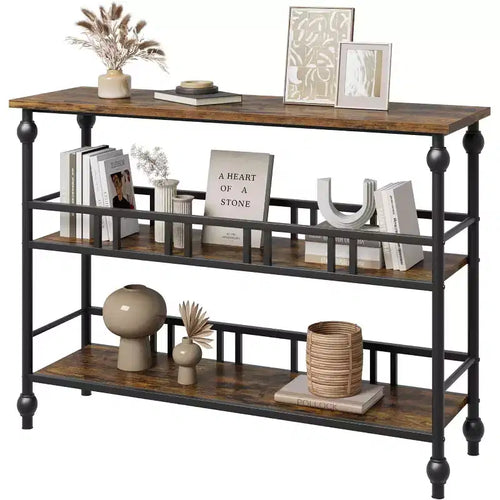 43'' Console Table with Storage, Farmhouse Rustic Skinny Entryway Table, Modern Wood Metal Hallway Sofa Table with Shelf, Narrow Couch Entry Table