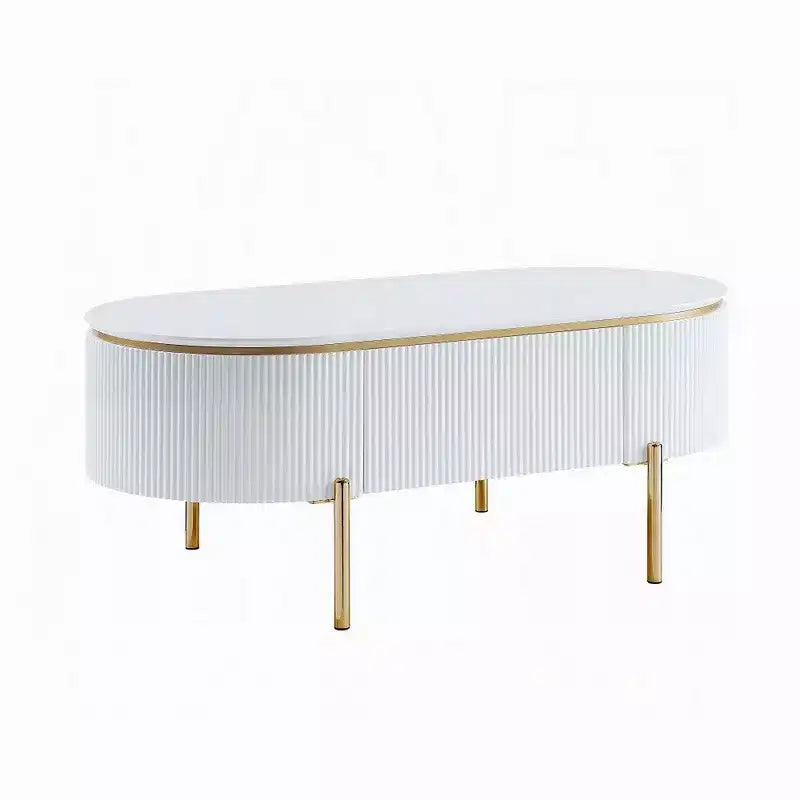 Tavolino Ovale con Cassetto – 120 cm, Bianco Lucido & Gambe in Metallo Dorato