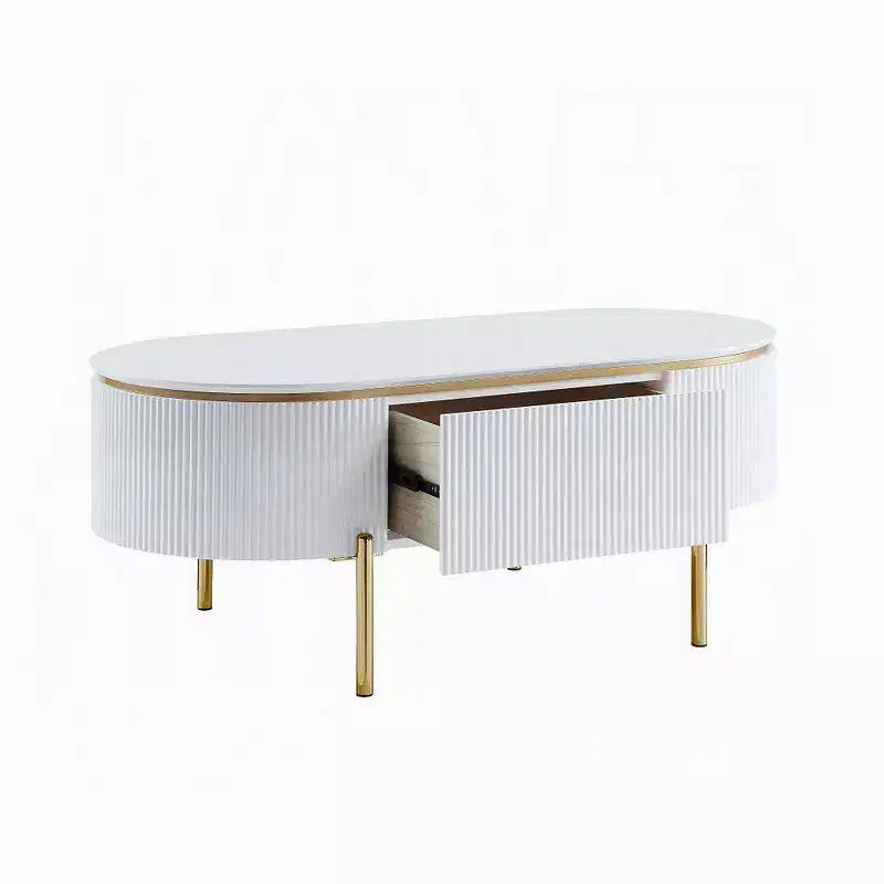 Tavolino Ovale con Cassetto – 120 cm, Bianco Lucido & Gambe in Metallo Dorato