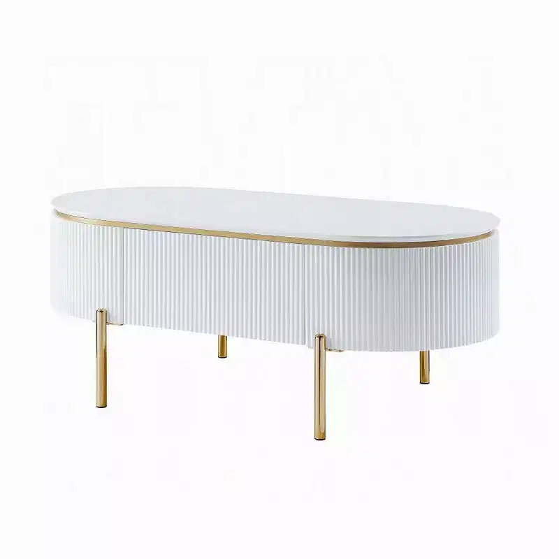 Tavolino Ovale con Cassetto – 120 cm, Bianco Lucido & Gambe in Metallo Dorato