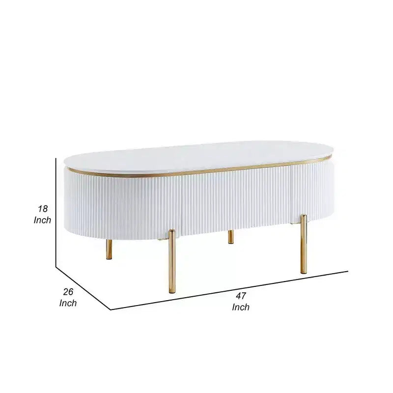 Tavolino Ovale con Cassetto – 120 cm, Bianco Lucido & Gambe in Metallo Dorato