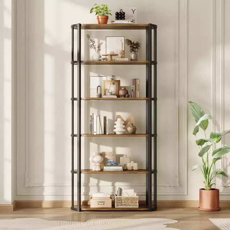 Libreria industriale a 6 ripiani con struttura in metallo – Marrone e nero