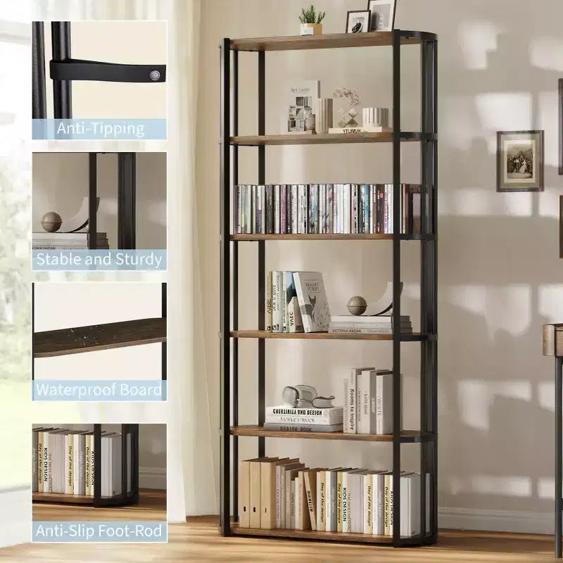 Libreria industriale a 6 ripiani con struttura in metallo – Marrone e nero