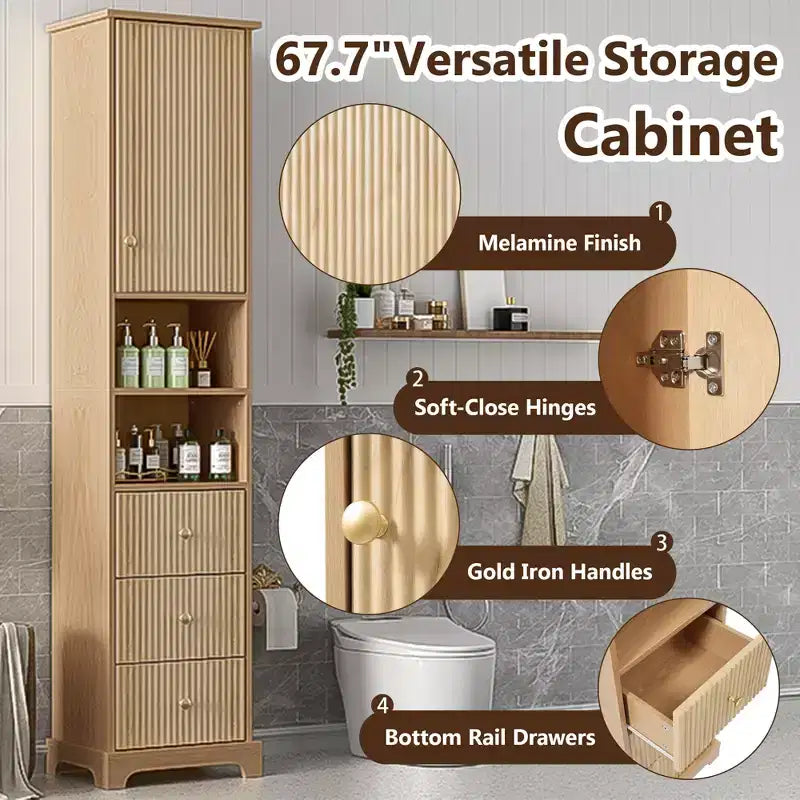 Mobiletto bagno a colonna da 172 cm con cassetti e ripiano regolabile