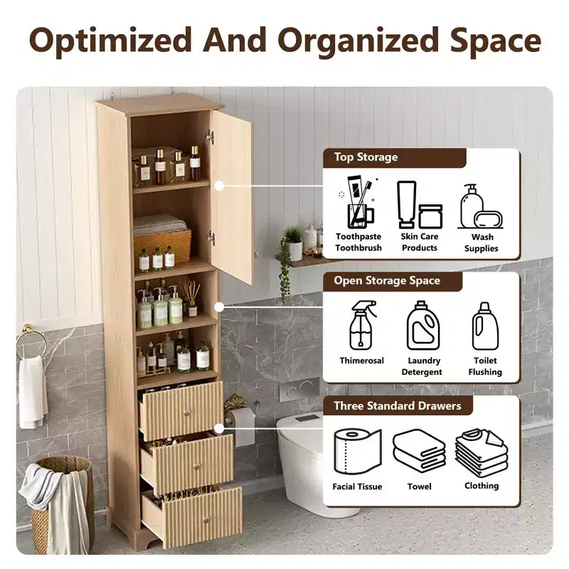 Mobiletto bagno a colonna da 172 cm con cassetti e ripiano regolabile