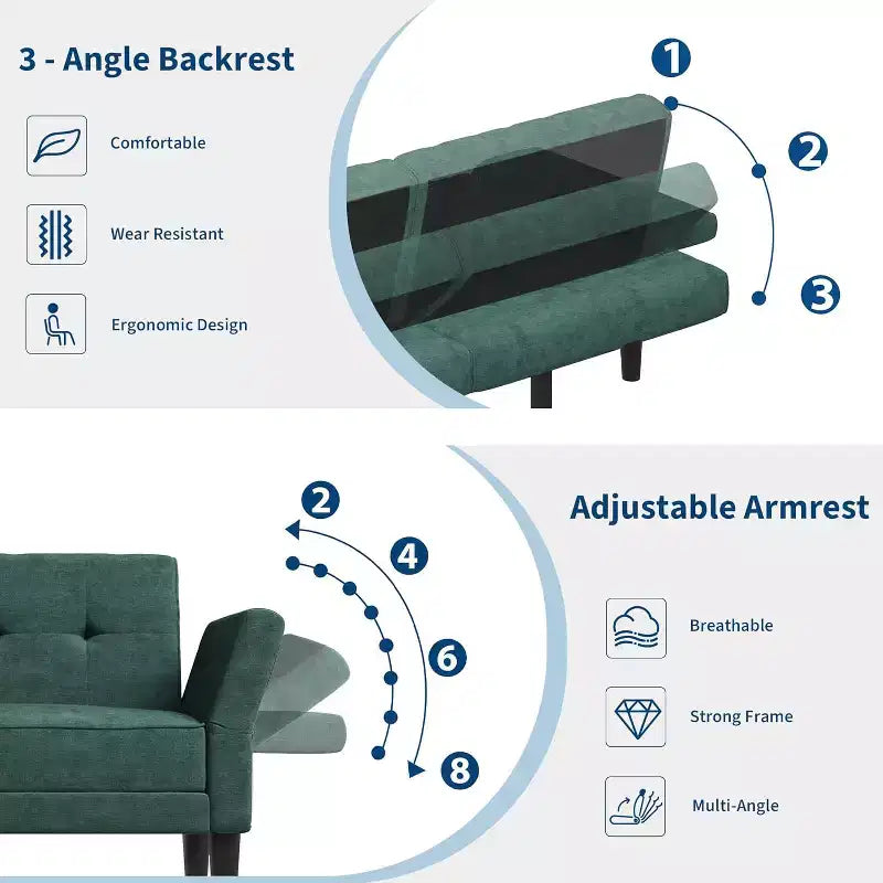 Divano letto futon convertibile con schienale e braccioli regolabili