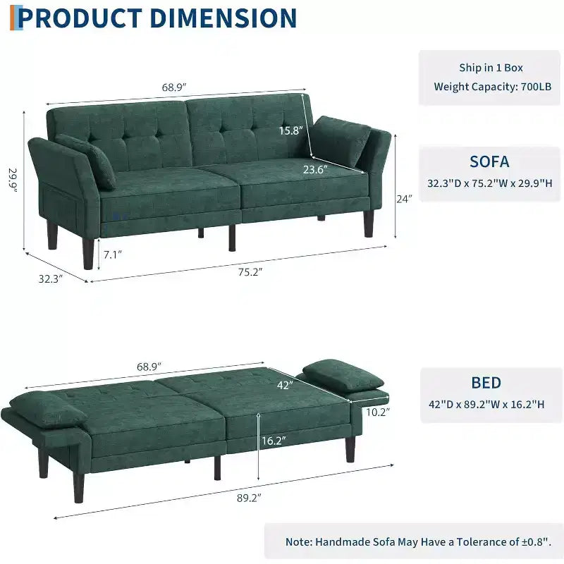 Divano letto futon convertibile con schienale e braccioli regolabili