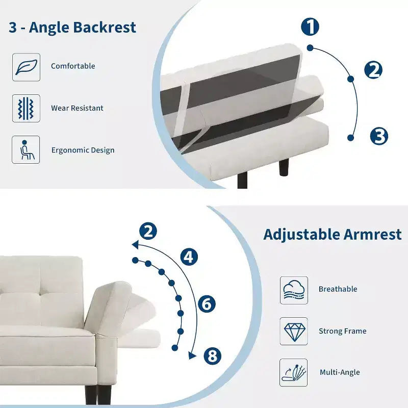 Divano letto futon convertibile con schienale e braccioli regolabili