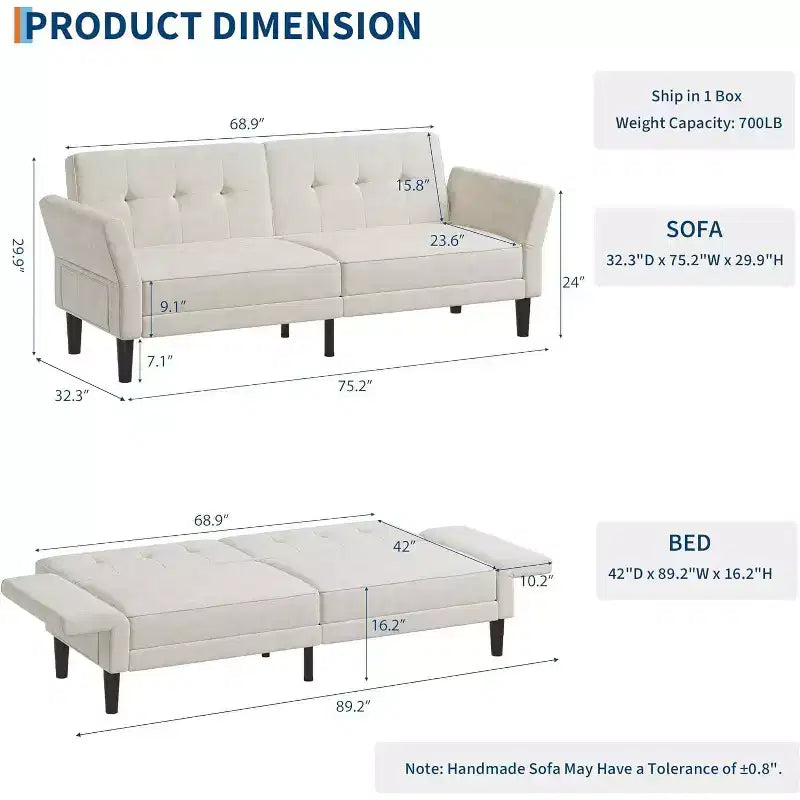 Divano letto futon convertibile con schienale e braccioli regolabili