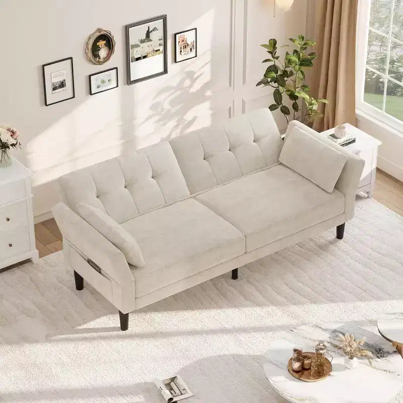 Divano letto futon convertibile con schienale e braccioli regolabili