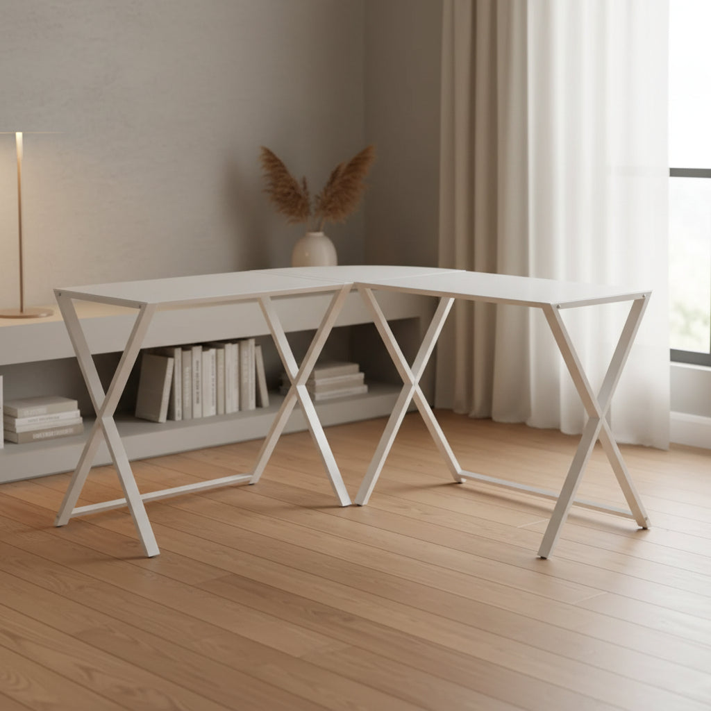 GDFStudio Biorn Modern L-Shaped Metal and Tempered Glass Computer Desk with X-Frame