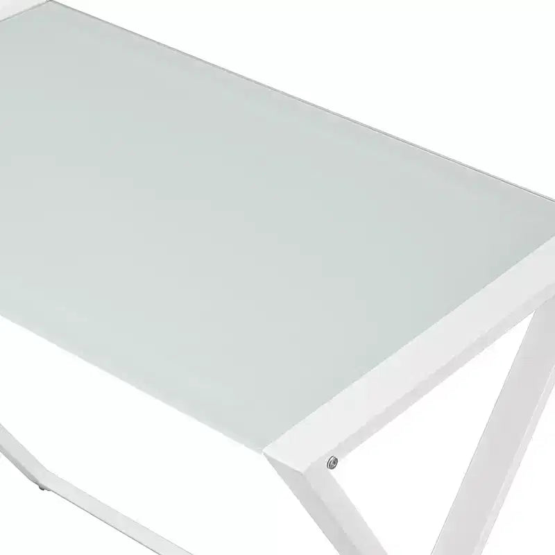 Scrivania per computer in vetro a L con telaio a X