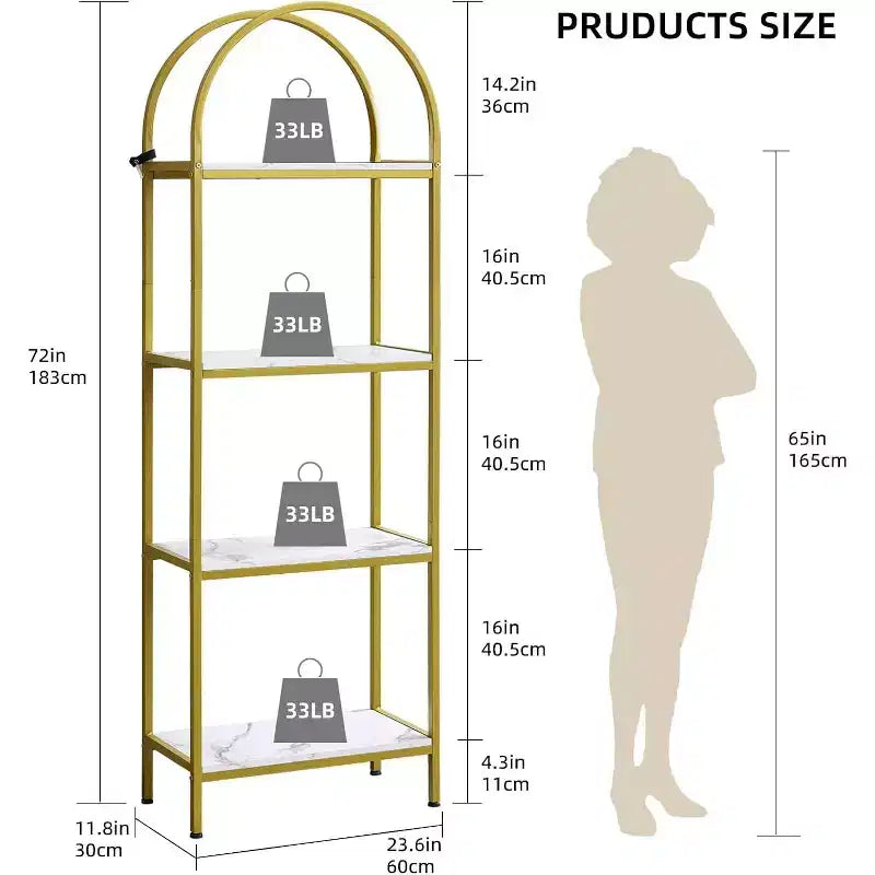 Libreria ad arco a 4 livelli con venature del legno e struttura in metallo