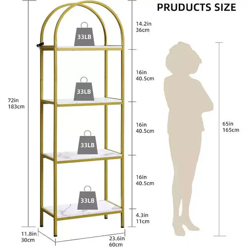 Libreria ad arco a 4 livelli con venature del legno e struttura in metallo
