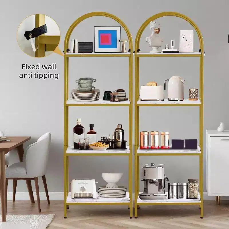 Libreria ad arco a 4 livelli con venature del legno e struttura in metallo