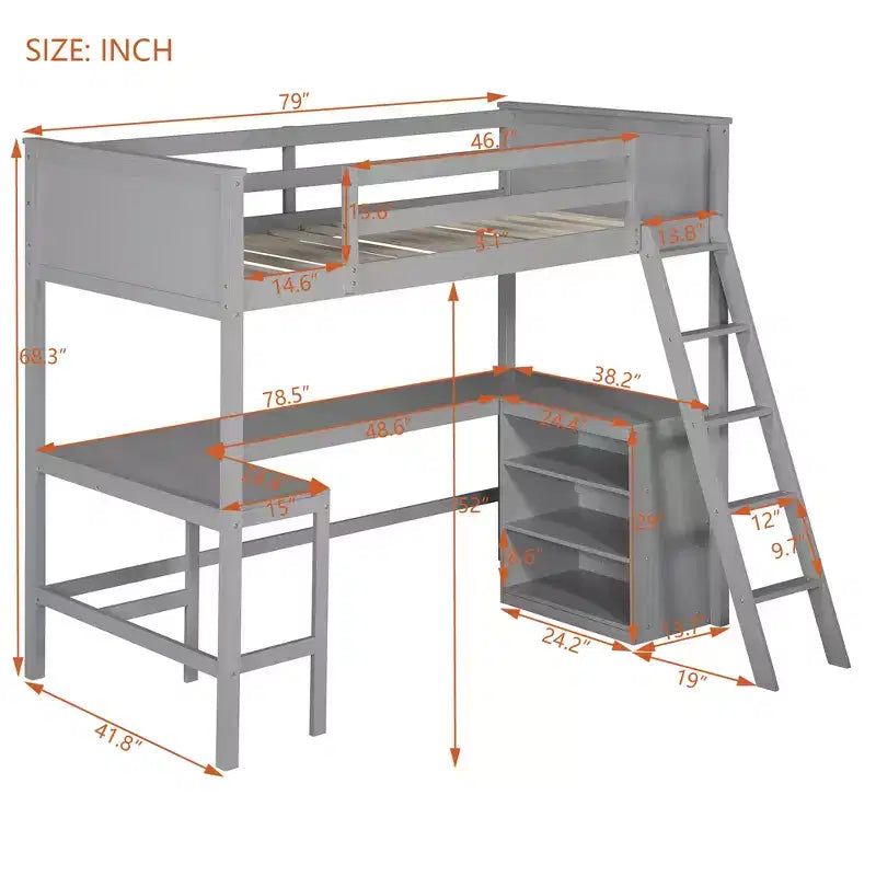Letto a soppalco singolo con scrivania e mensole – Grigio