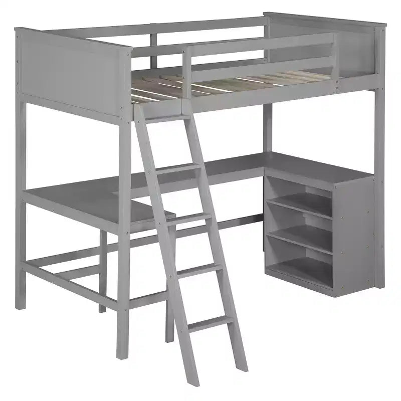 Letto a soppalco singolo con scrivania e mensole – Grigio